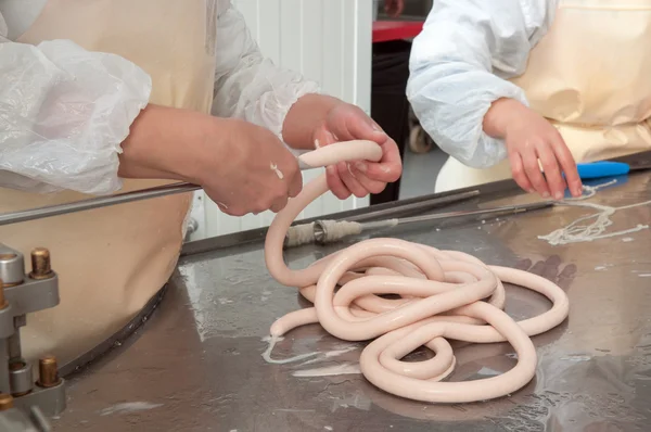 Close-up making sausages automatic process — Stock Photo, Image