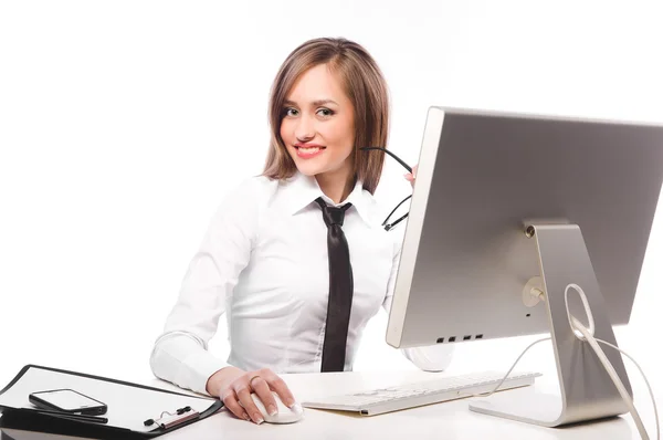 Girl works at the computer — Stock Photo, Image