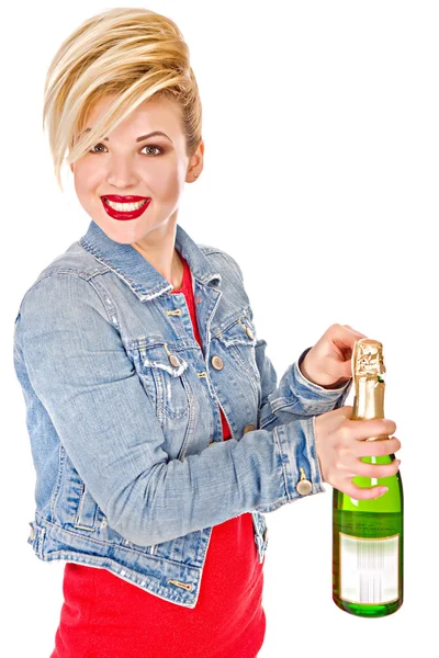 Seksi genç sarışın ve şarap — Stok fotoğraf