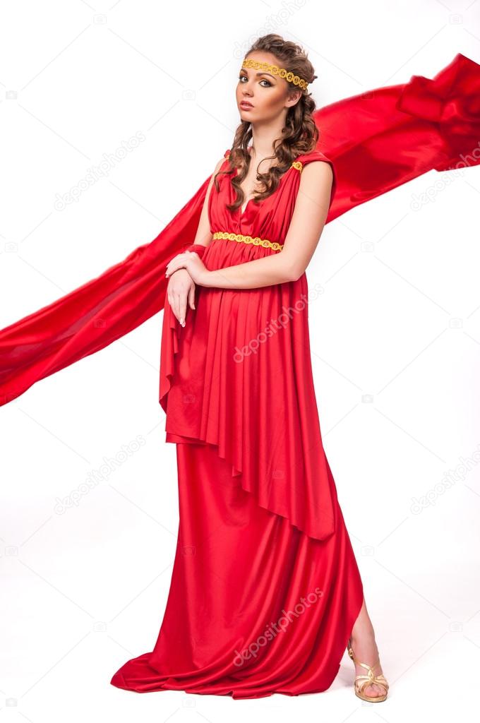 Beautiful young female wearing red dress antique style isolated 