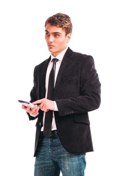 Young happy man holding mobile phone — Stock Photo, Image