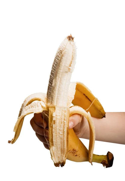 Banaan in hand geïsoleerd op witte achtergrond — Stockfoto
