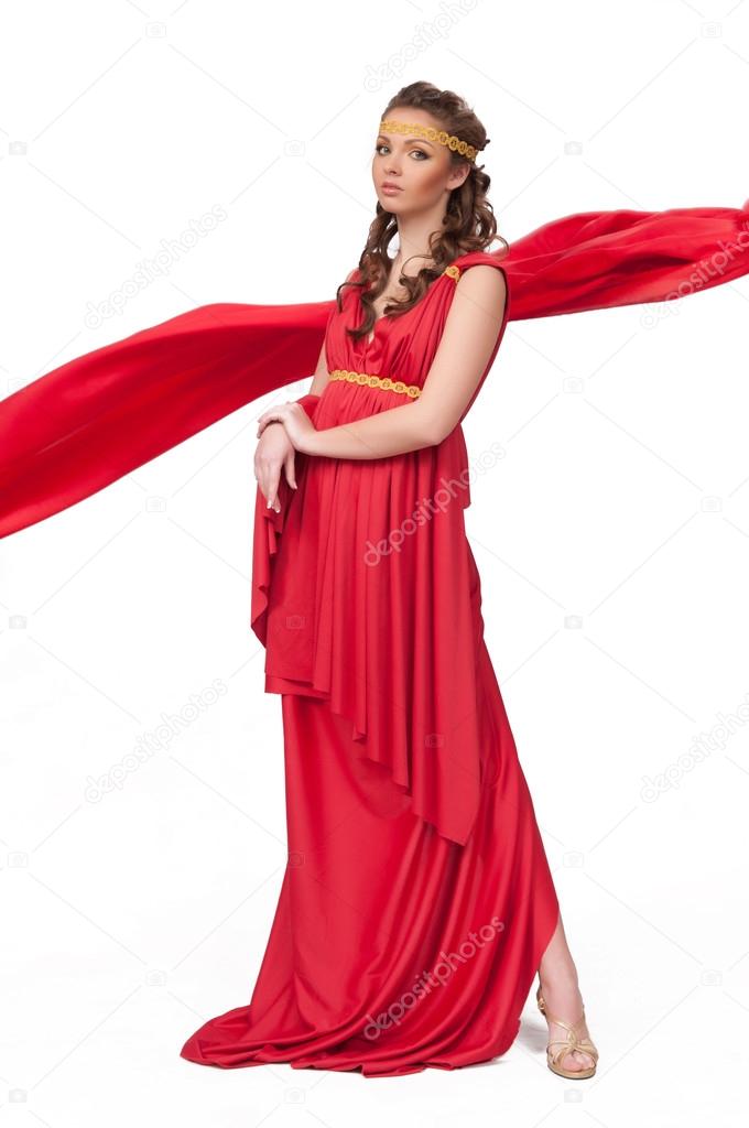 Beautiful young female wearing red dress antique style isolated 
