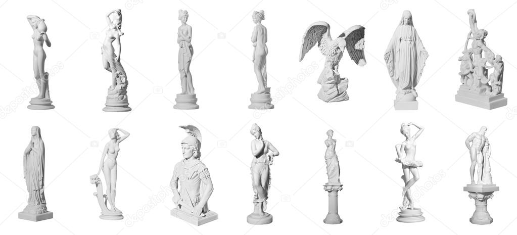 Collection of statues isolated on white background