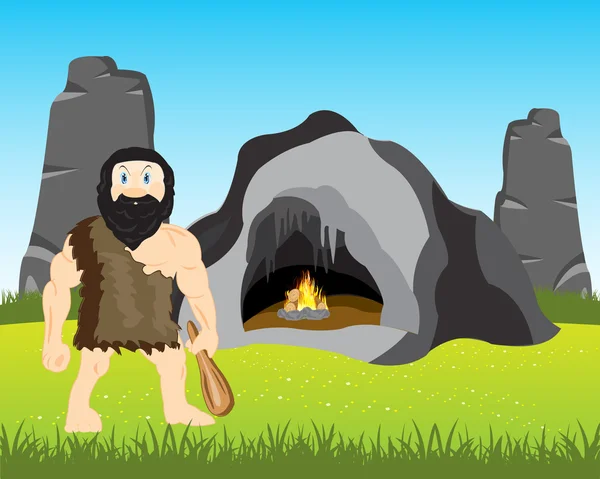 Ancient person beside caves — Stock Vector