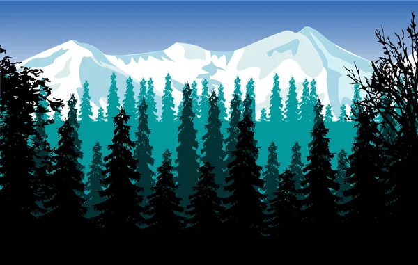 Panorama hout en bergen — Stockvector