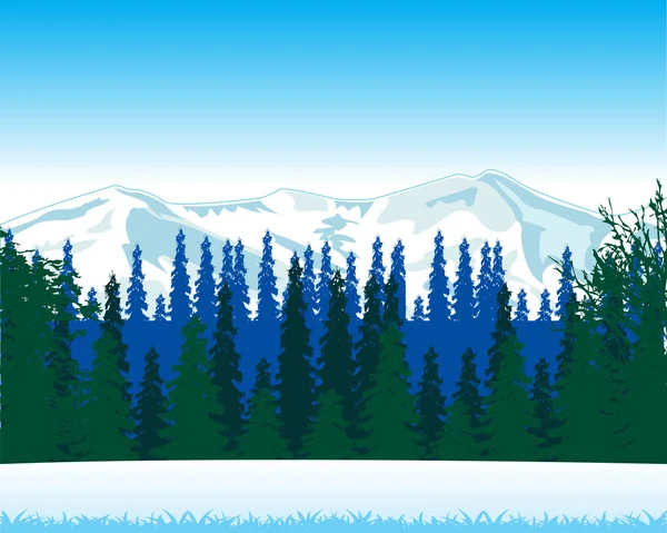 Paisaje invernal con bosque y montaña — Vector de stock