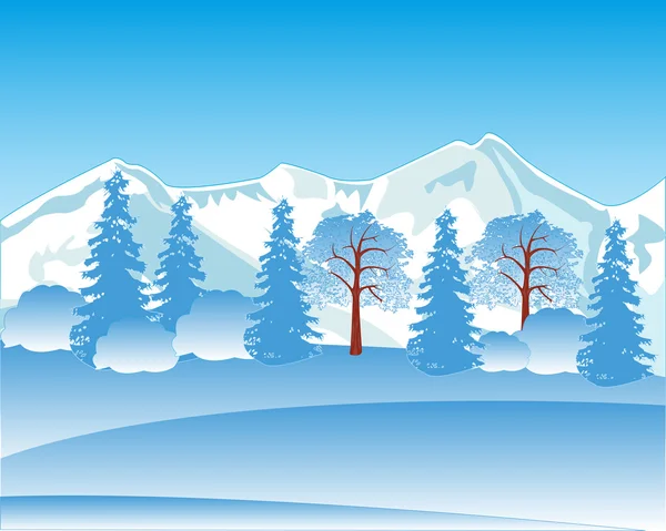Paisaje invernal con montaña y madera — Vector de stock