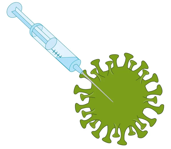 Coronavirus bacteriano y jeringa con caricatura vacunal — Vector de stock