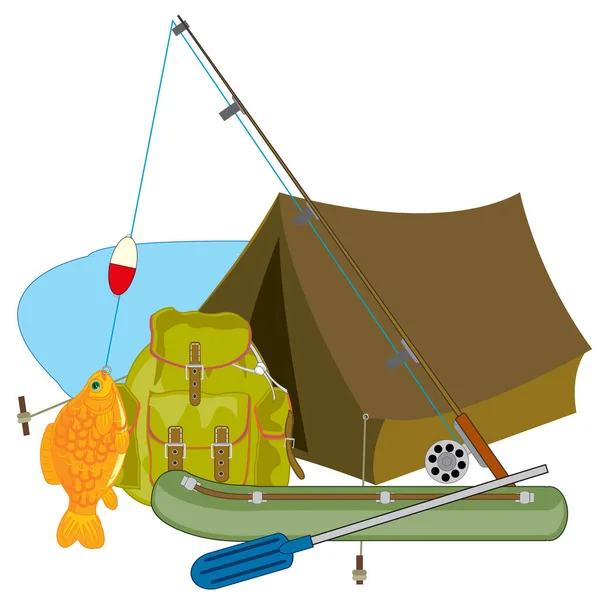 Subjects for fishing fishing rod and tent with rucksack — 图库矢量图片