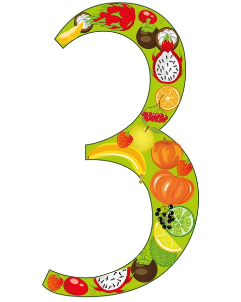 Numeral decorativo tres de frutas y bayas — Vector de stock