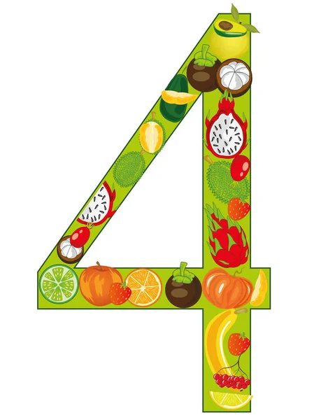 Numeral cuatro frutas sobre fondo blanco está aislado — Vector de stock