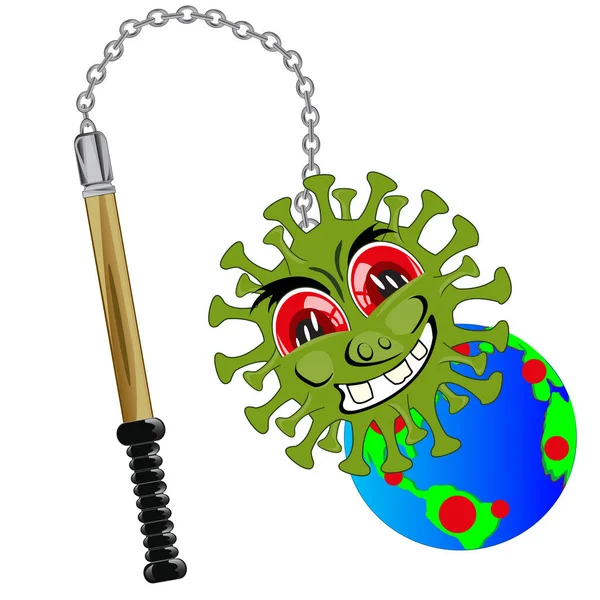 Arma pipistrello vecchio stile cartone animato con coronavirus e terra pianeta — Vettoriale Stock
