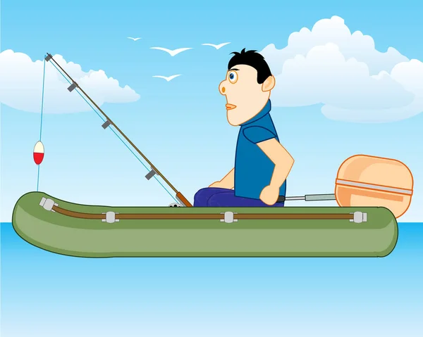 Man visser op rubberboot met motor — Stockvector