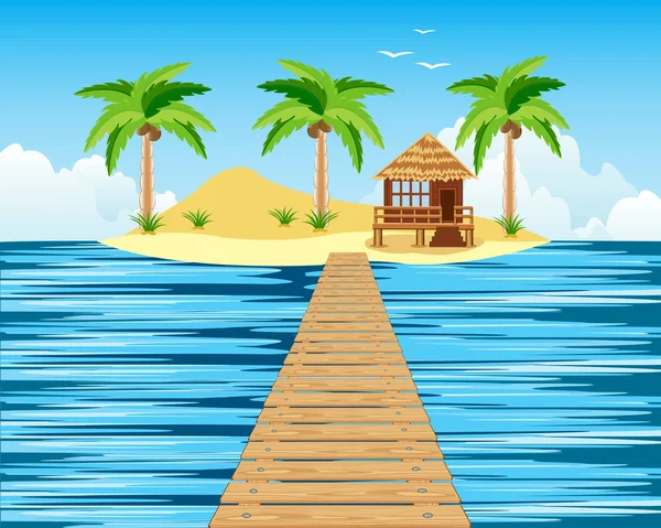 Pont en bois vers île tropicale — Image vectorielle