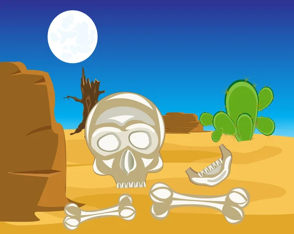 Schädel und Kreuzknochen in der Wüste — Stockvektor