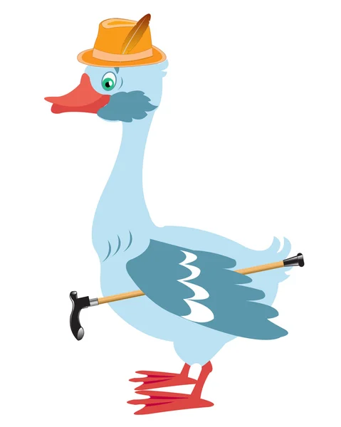 Cartoon goose in hat with walking stick — Stock Vector