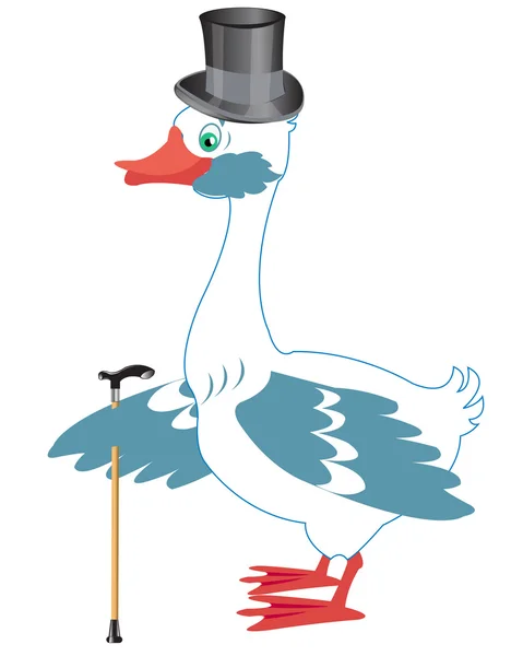 Bird goose in hat and with walking stick — Stock Vector