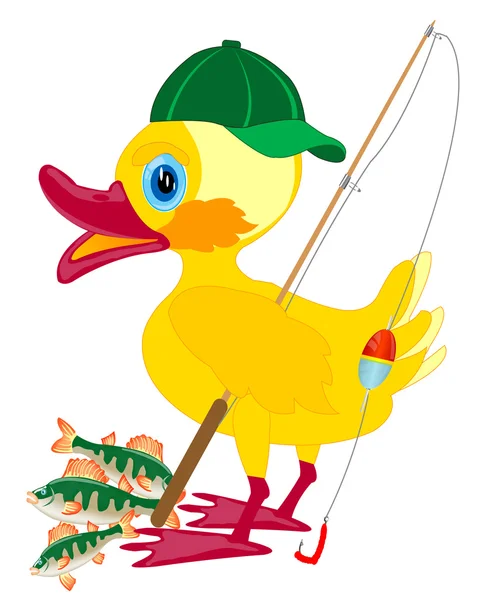 Duckling fisherman with fishing rod — Stock Vector