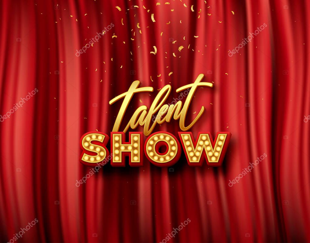 Talent show banner, poster, gold inscription on red curtain with golden confetti. Advertising or invitation, announcement event, vector illustration