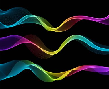 Siyah arkaplanda izole edilmiş soyut akıcı dalga çizgileri. Teknoloji, bilim, müzik veya modern konsept için tasarım ögesi.