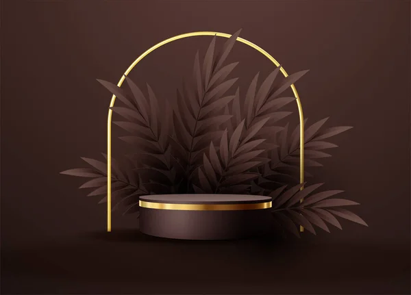 Scène noire minimale avec des formes géométriques et des feuilles de palmier. podium cylindrique or et noir sur fond chocolat brun. Scène 3D pour afficher un produit cosmétique — Image vectorielle