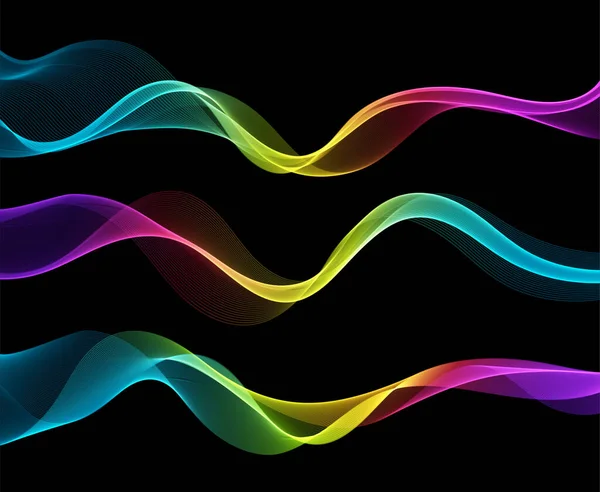 Vecteur abstrait coloré lignes d'ondes fluides isolées sur fond noir. Élément de design pour la technologie, la science, la musique ou le concept moderne. — Image vectorielle