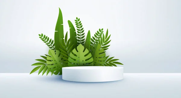 Minimaalinen valkoinen kohtaus, jossa geometriset muodot ja vihreät palmunlehdet. Lieriömäinen korokkeella keltaisella pohjalla. 3D-vaihe kosmeettisen valmisteen näyttämiseksi — vektorikuva