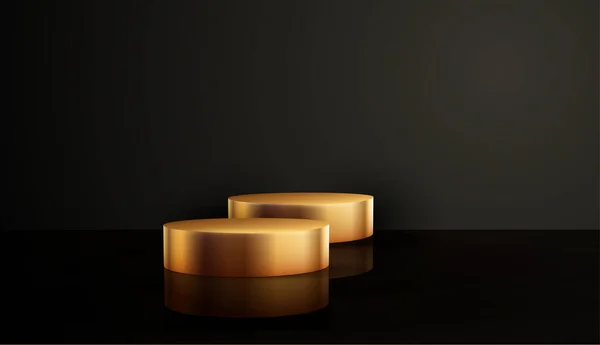 Minimal svart scen med geometriska former. Cylindriskt guld och svart podium på svart bakgrund. 3D-scen för visning av en kosmetisk produkt — Stock vektor