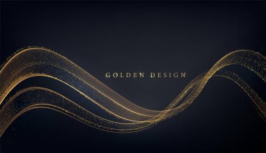 Soyut Altın Dalgalar. Tebrik kartı ve muhalif kupon için koyu arkaplan üzerinde simli efektli parlak altın çizgiler tasarım ögesi.