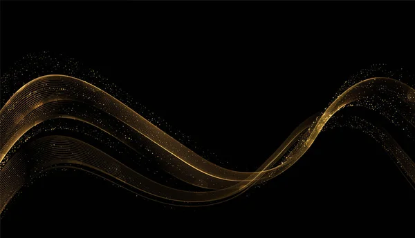 Abstract Gouden Golven. Glanzende gouden bewegende lijnen design element met glitter effect op donkere achtergrond voor wenskaart en disqount voucher. — Stockvector