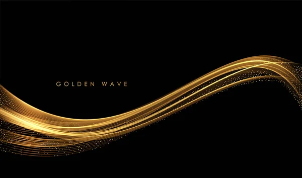 Abstract Gouden Golven. Glanzende gouden bewegende lijnen design element met glitter effect op donkere achtergrond voor wenskaart en disqount voucher. — Stockvector