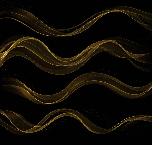 Onde d'oro astratte. Luminose linee mobili dorate elemento di design con effetto glitter su sfondo scuro per biglietto di auguri e voucher disqount. — Vettoriale Stock