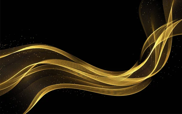 Ondas de oro abstractas. Brillante elemento de diseño de líneas móviles doradas con efecto brillo sobre fondo oscuro para tarjeta de felicitación y voucher disqount. — Vector de stock