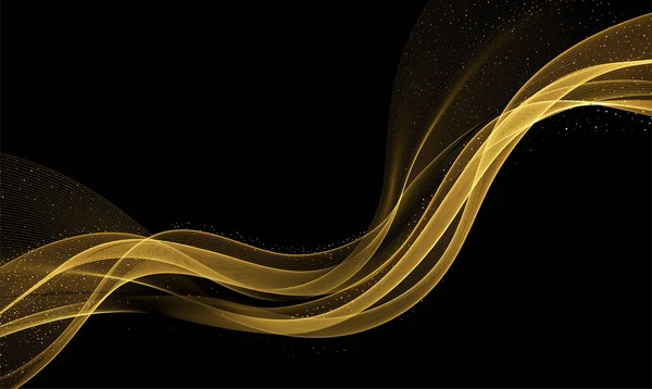 Ondas de oro abstractas. Brillante elemento de diseño de líneas móviles doradas con efecto brillo sobre fondo oscuro para tarjeta de felicitación y voucher disqount. — Vector de stock