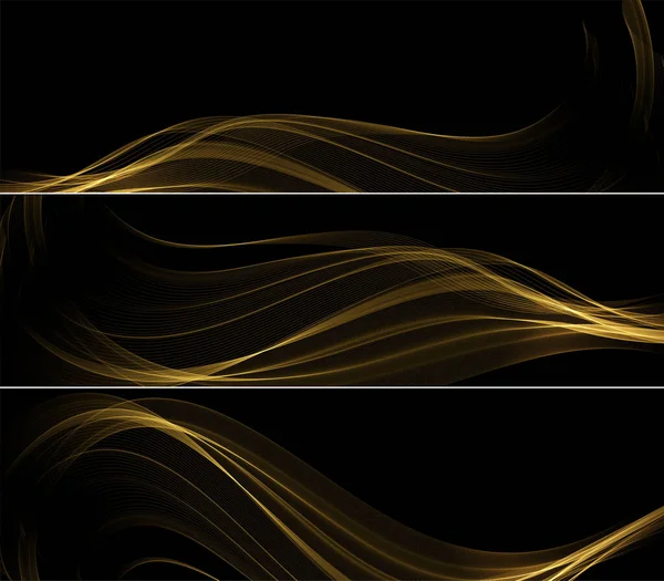 Abstract Gold Waves. Shiny golden moving lines design element with glitter effect on dark background for greeting card and disqount voucher. — Stock Vector