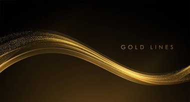 Soyut Altın Dalgalar. Tebrik kartı ve muhalif kupon için koyu arkaplan üzerinde simli efektli parlak altın çizgiler tasarım ögesi.