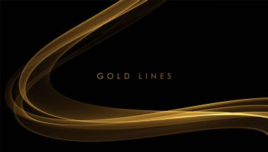Soyut Altın Dalgalar. Tebrik kartı ve mukavemet makbuzu için koyu arkaplan üzerinde parlak altın çizgiler tasarım ögesi.
