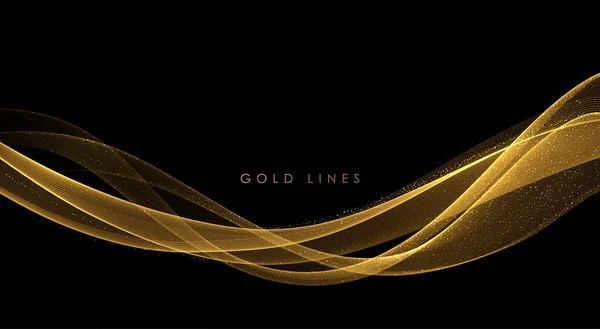 Abstract Gouden Golven. Glanzende gouden bewegende lijnen design element met glitter effect op donkere achtergrond voor wenskaart en disqount voucher. — Stockvector