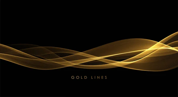 Abstract Gouden Golven. Glanzende gouden bewegende lijnen design element op donkere achtergrond voor wenskaart en disqount voucher. — Stockvector