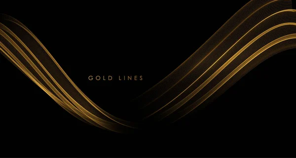 Abstract Gouden Golven. Glanzende gouden bewegende lijnen design element op donkere achtergrond voor wenskaart en disqount voucher. — Stockvector