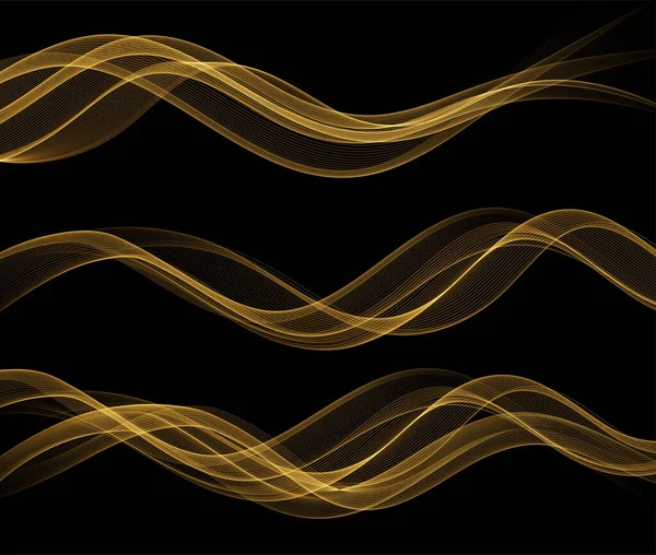 Abstract Gold Waves. Shiny golden moving lines design element on dark background for greeting card and disqount voucher. — Stock Vector