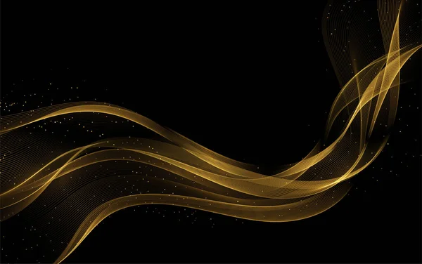 Абстрактні золоті хвилі. Блискучі золоті рухомі лінії елемент дизайну з блискучим ефектом на темному тлі для вітальної листівки і декомпонування ваучера . — стоковий вектор