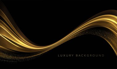 Soyut Altın Dalgalar. Tebrik kartı ve muhalif kupon için koyu arkaplan üzerinde simli efektli parlak altın çizgiler tasarım ögesi.