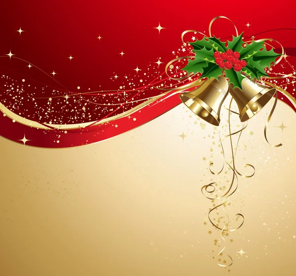 Vánoční přání s zlaté zvonky a holly — Stockový vektor