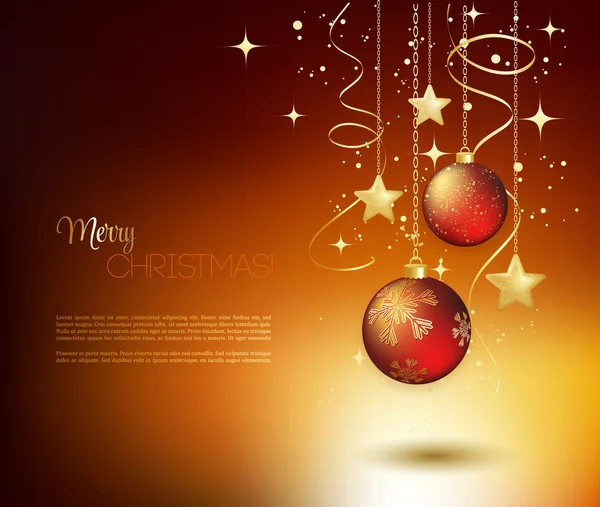 Feliz Navidad tarjeta de felicitación de oro con bauble rojo — Vector de stock