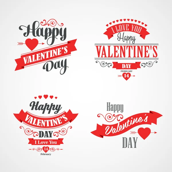 Cartão de Cartas Feliz Dia dos Namorados. Tipográfico com ornamentos, corações, fita e seta — Vetor de Stock