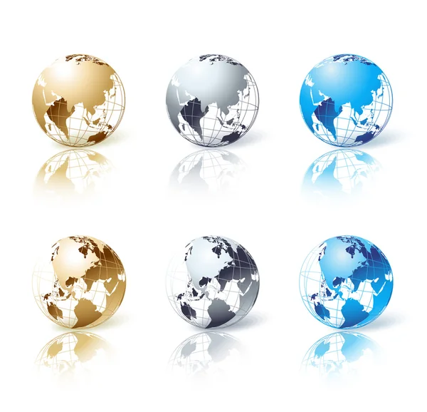 Set aus Silber, Gold und blauem isolierten Globus — Stockvektor