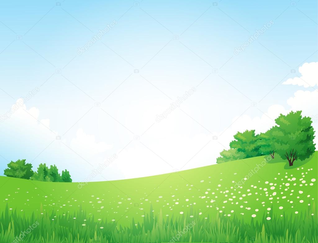 Green Landscape with trees clouds flowers