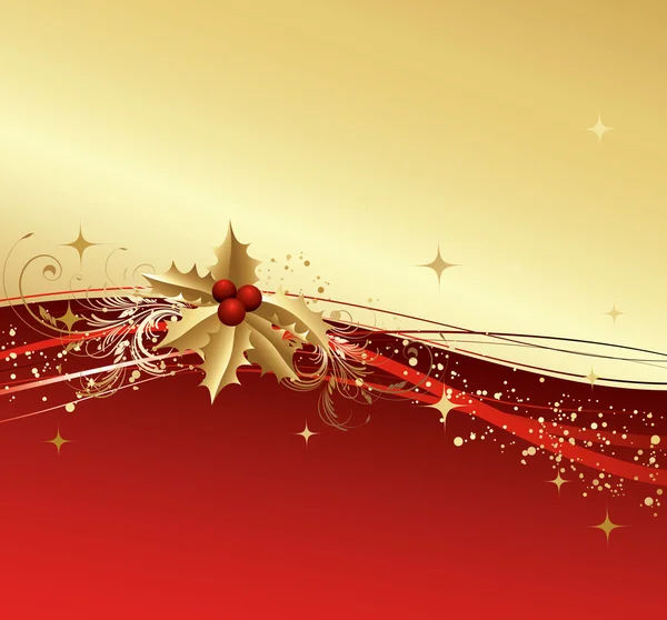 Feliz tarjeta de Navidad con acebo de oro — Vector de stock